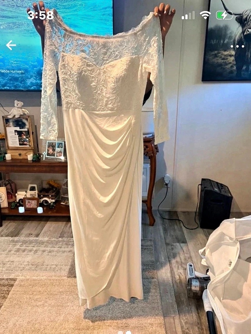 DB Studio Off the Shoulder Long Sleeve Lace Draped Gown White Size 10